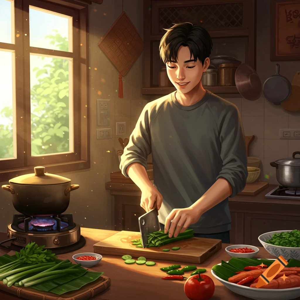 Illustrative image of a person chopping vegetables in a sunlit kitchen.