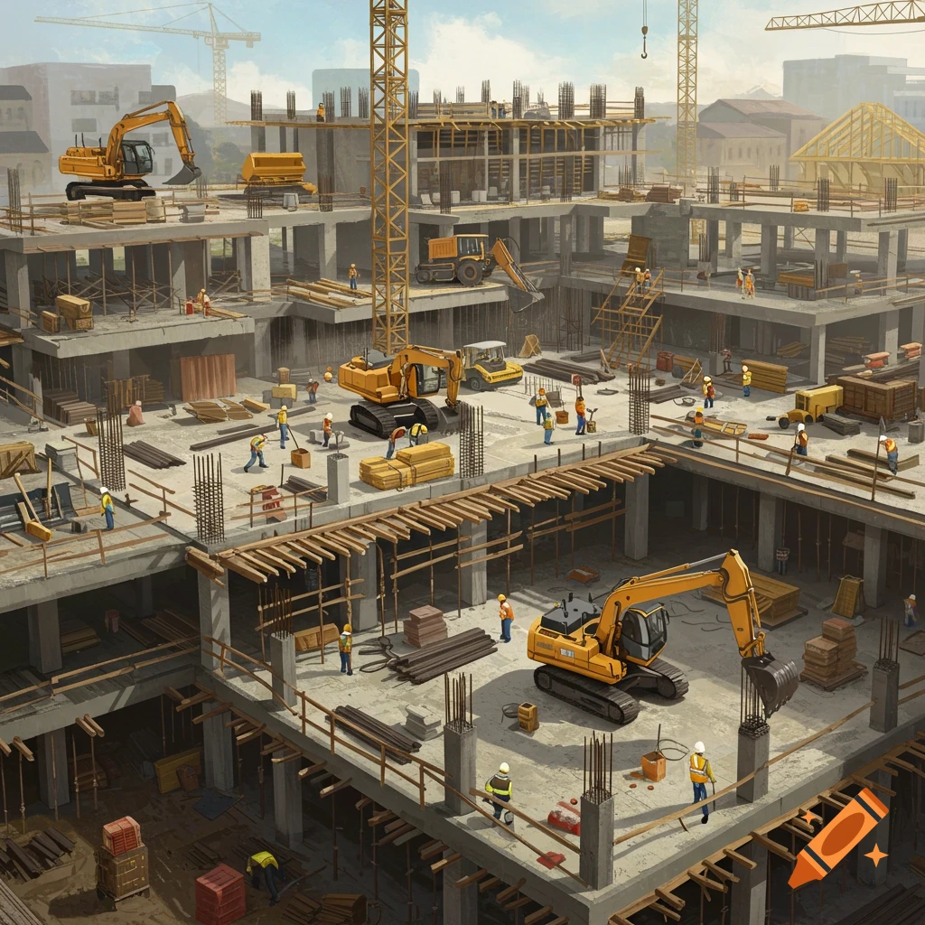 Detailed view of a large construction site with multiple levels, workers, excavators, and cranes building a structure.