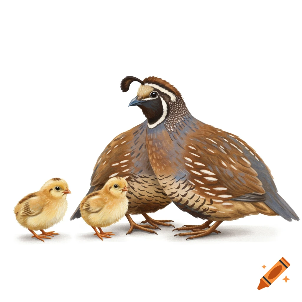 An illustration of a parent quail with two chicks on a white background.