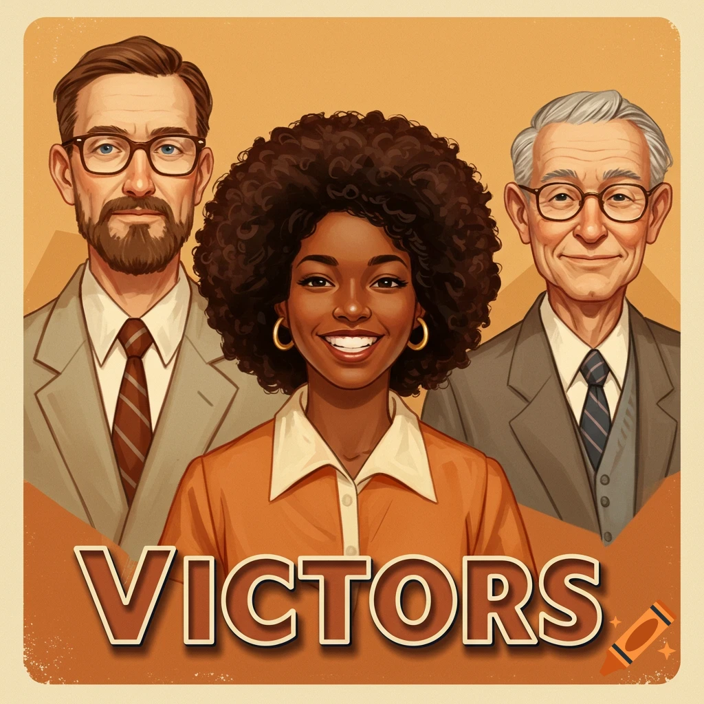 Stylized portrait of three smiling people, with the word VICTORS below them.