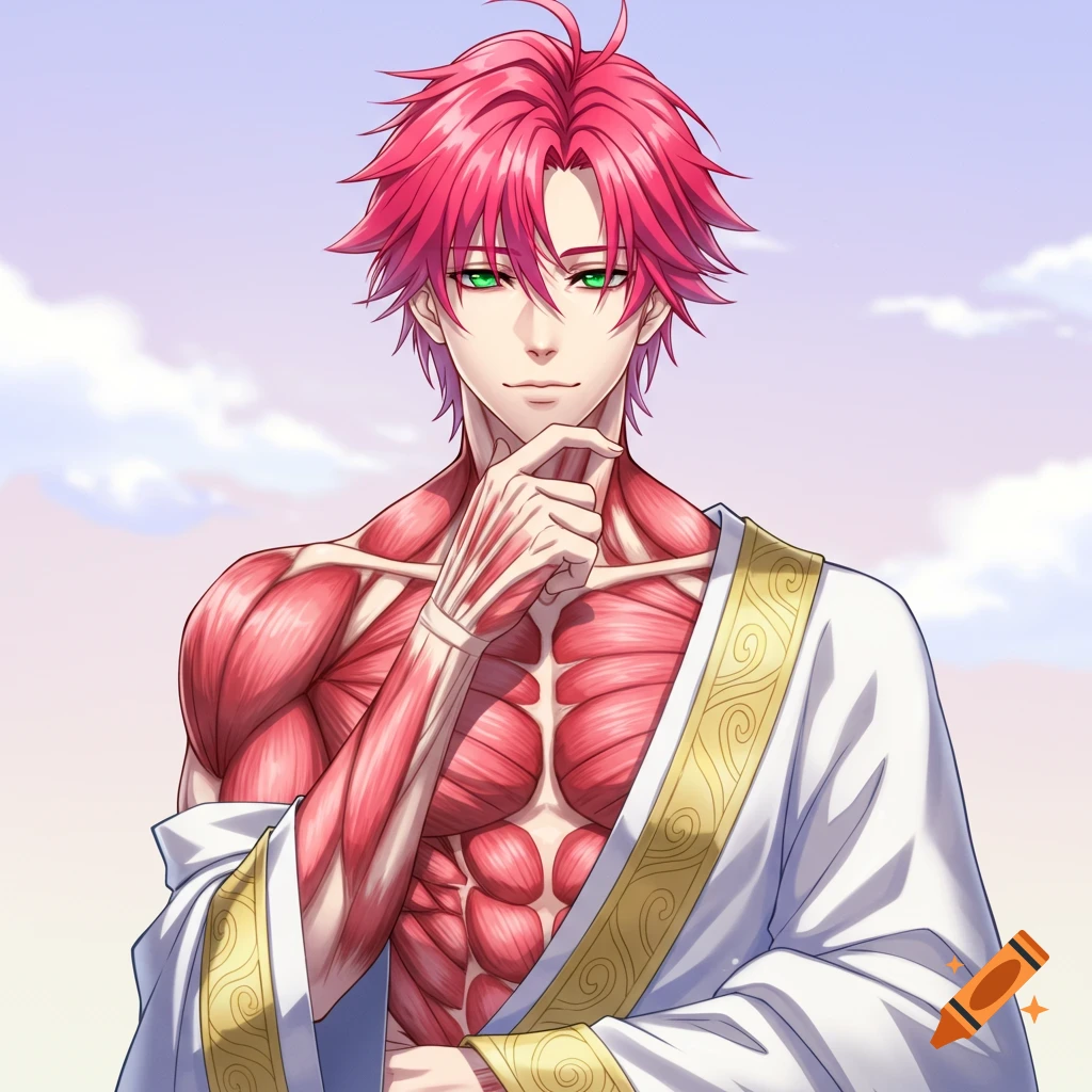 Anime character with pink hair, green eyes, and exposed musculature, wearing a white robe.