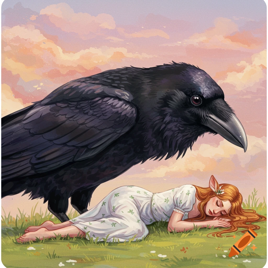 A large black raven stands over a person with doe ears sleeping on grass under a cloudy sky, in a fantasy art style.