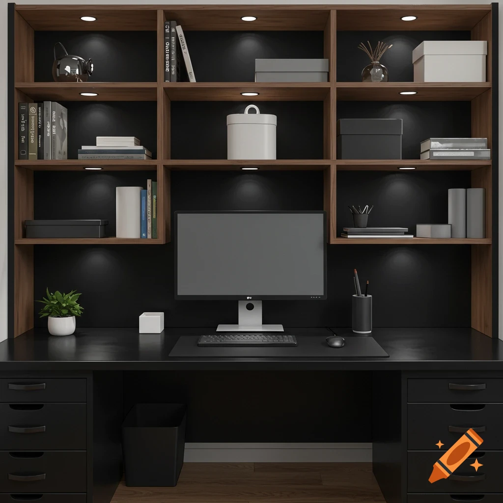 A clean, organized desk setup with a monitor and shelves filled with books and decor.