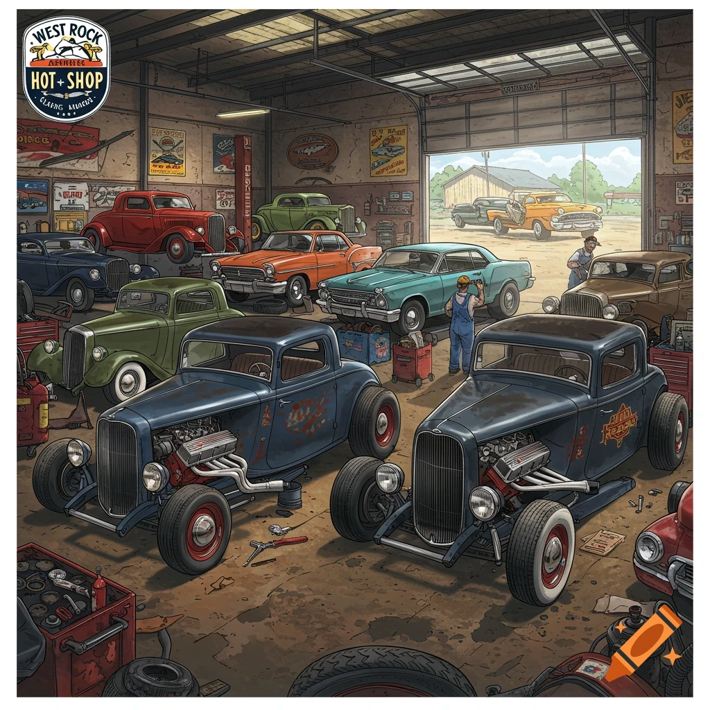 Illustrative scene of a busy hot rod and classic car repair shop with mechanics working.