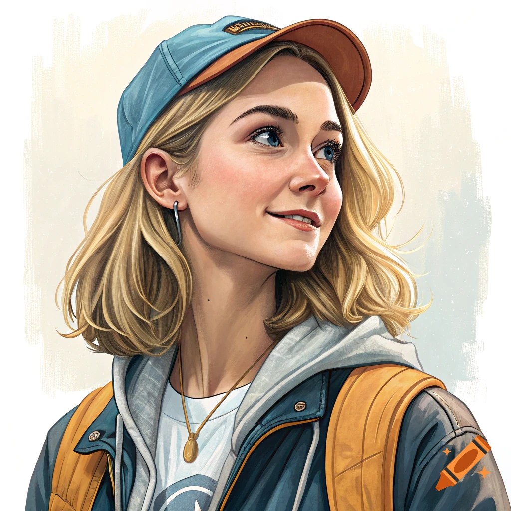 Stylized portrait of a young woman wearing a blue cap and backpack, smiling and looking sideways.