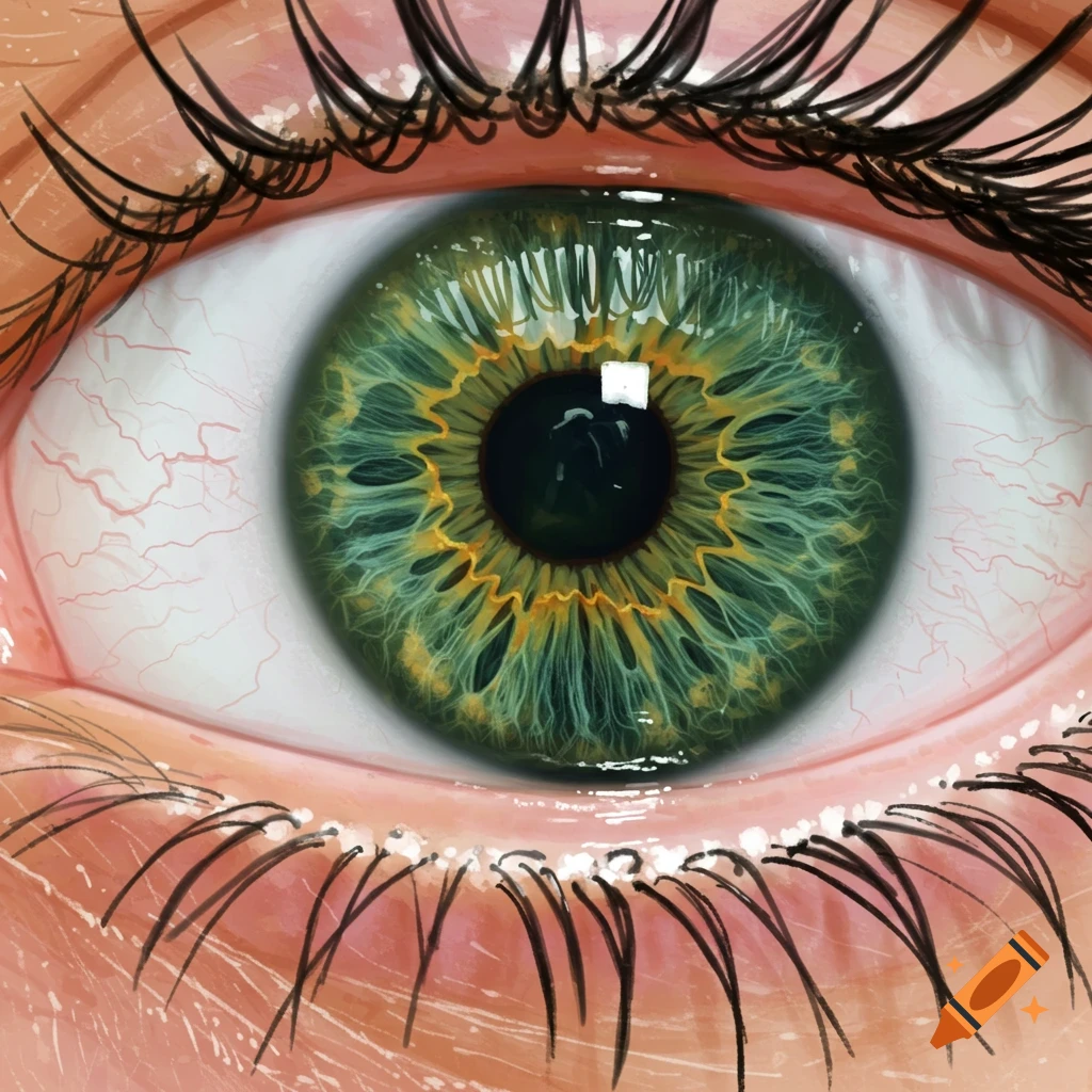 Close-up of a human eye with a detailed green and gold iris and dark eyelashes.