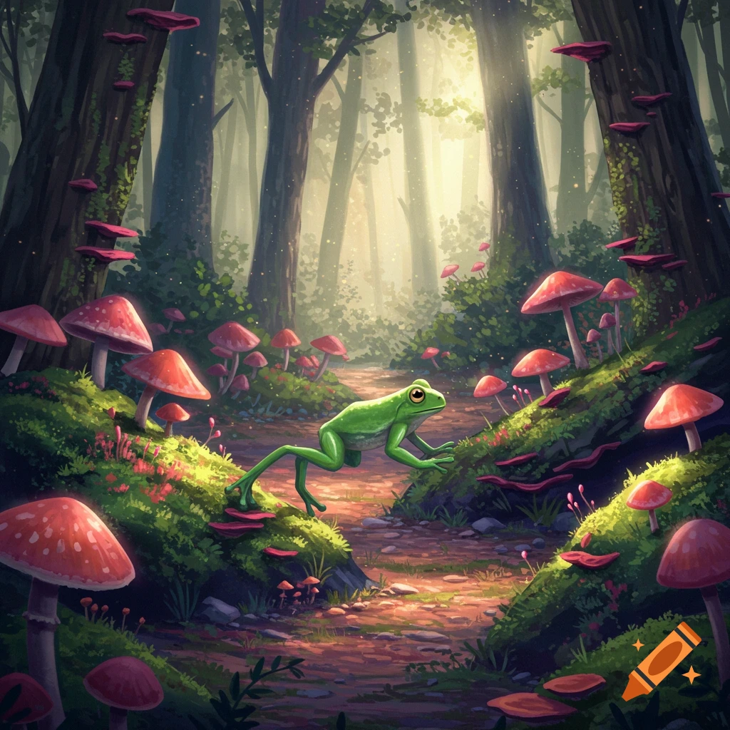A green frog hops along a forest path surrounded by large red mushrooms in an enchanted, sunlit woods.
