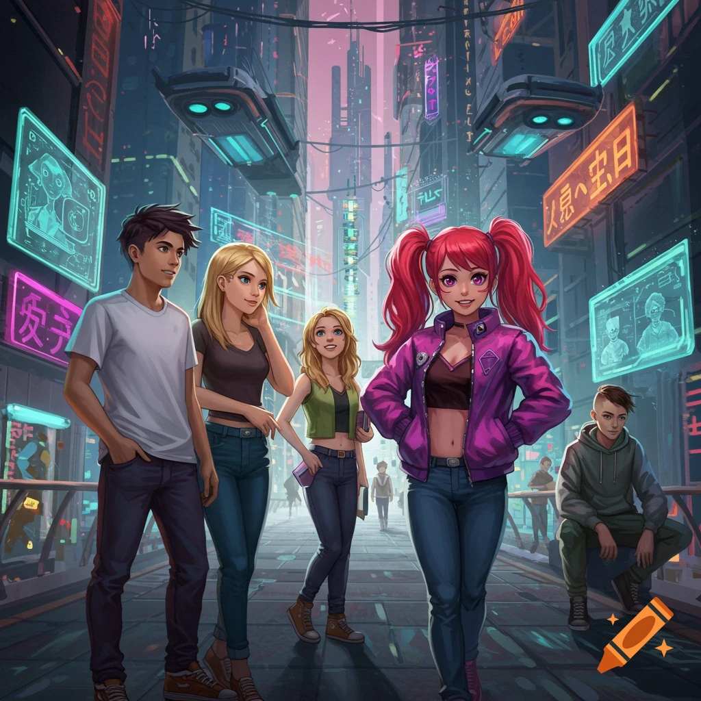 A group of young people stand on a walkway in a vibrant cyberpunk city with neon signs.