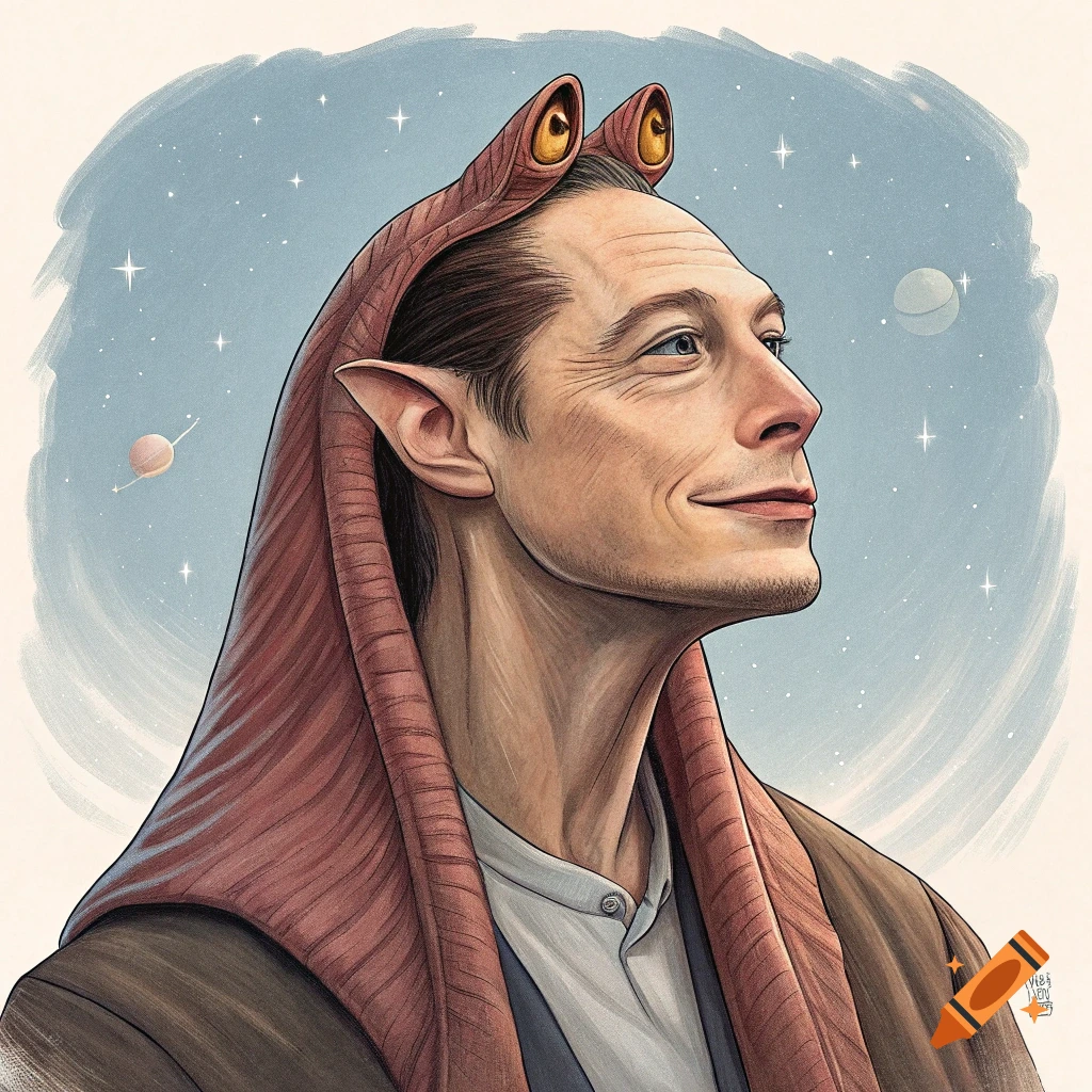 Illustration of a man with alien eyes and pointy ears looking up at a starry sky.