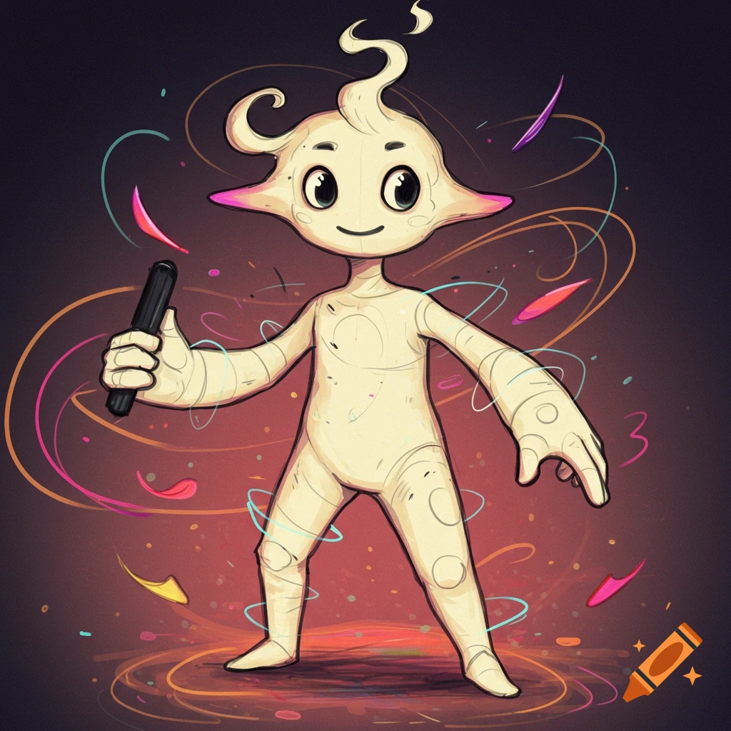 A stylized creature holds a pen amidst colorful swirling lines.