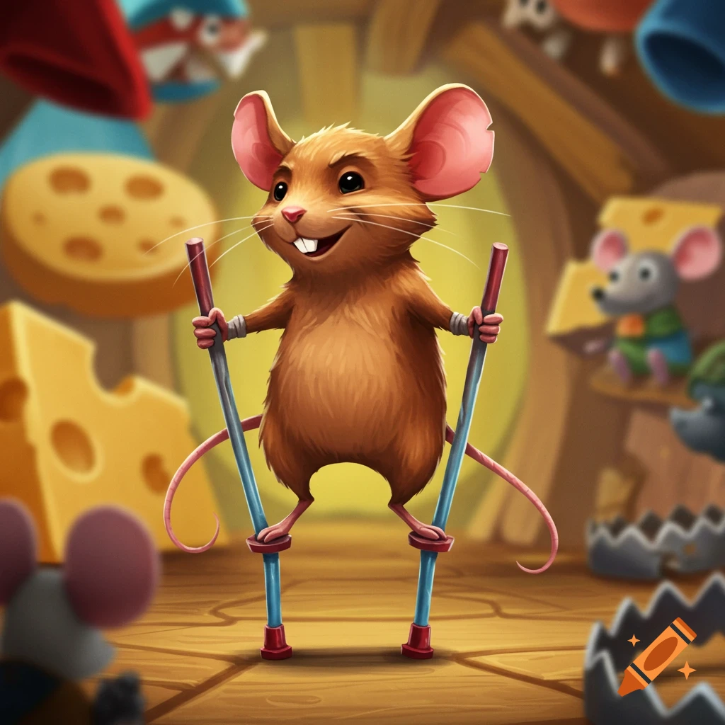 A cartoon mouse on stilts in a room with cheese and mouse traps