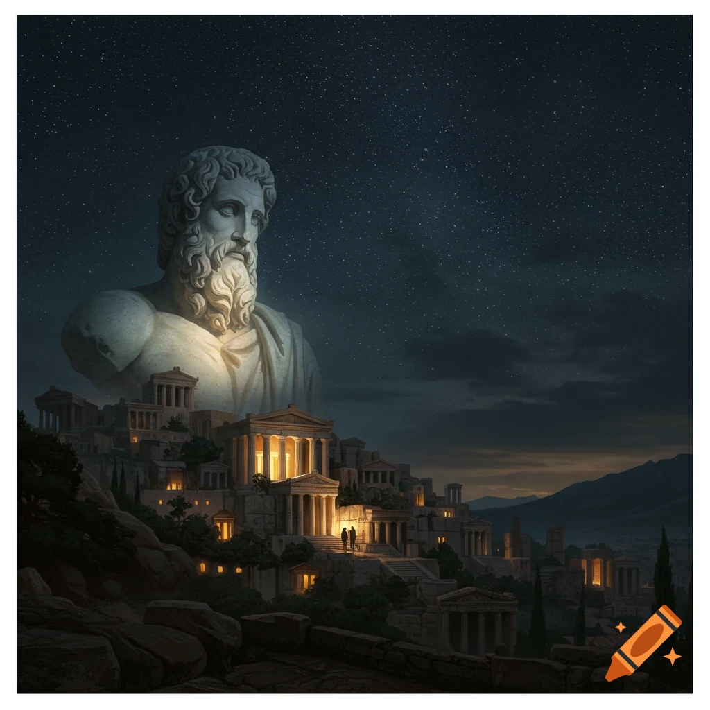 Towering classical statue overlooks ancient city at night under starry sky.
