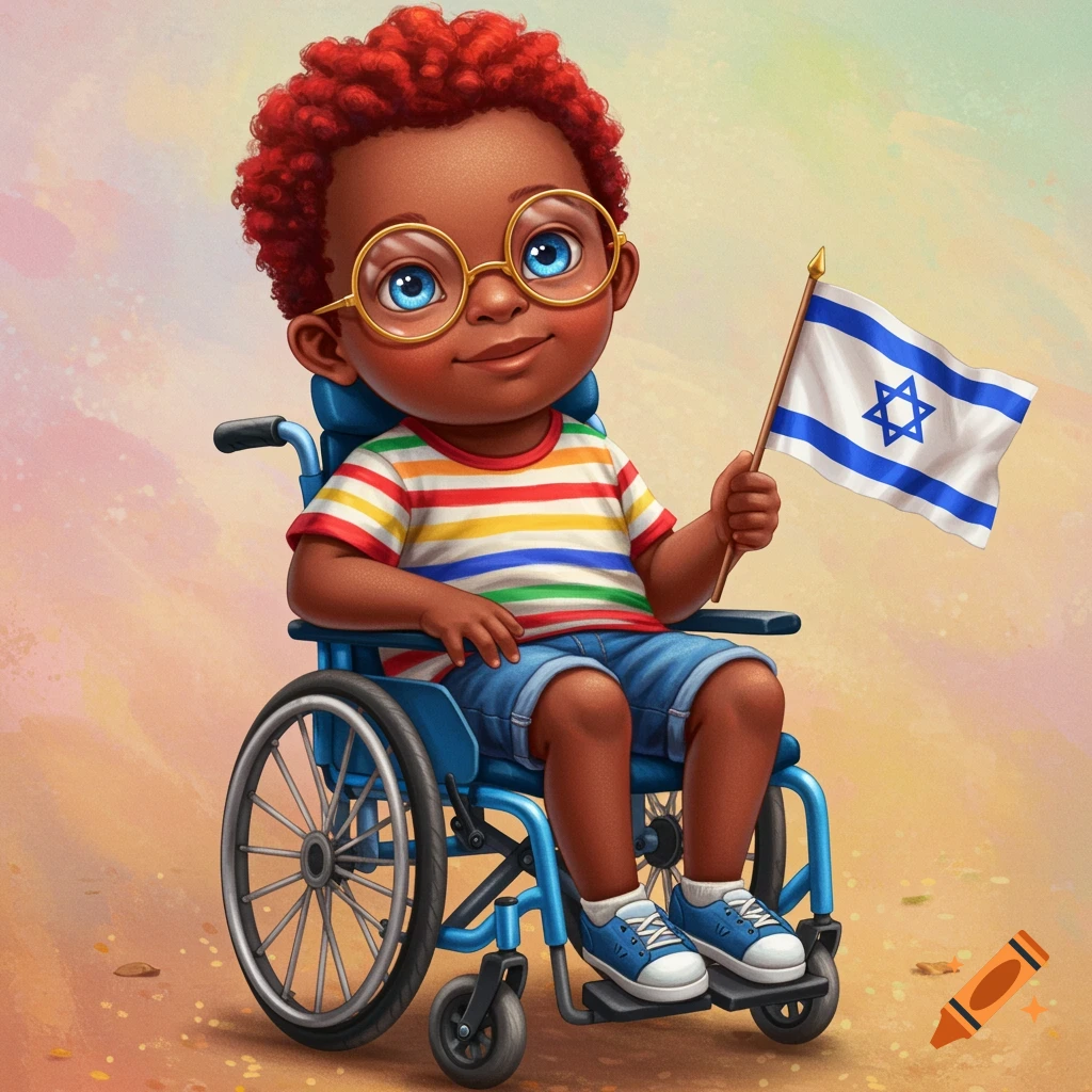 Cartoon illustration of a Black child with red hair and glasses sitting in a wheelchair, holding a small Israeli flag.