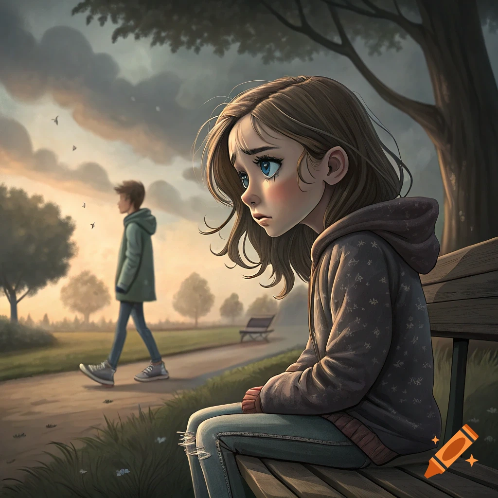 An illustration of a sad girl sitting on a park bench watching a boy walk away at sunset.
