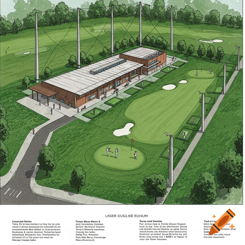 Architectural sketch of a golf practice facility with a building, driving range, and putting greens.