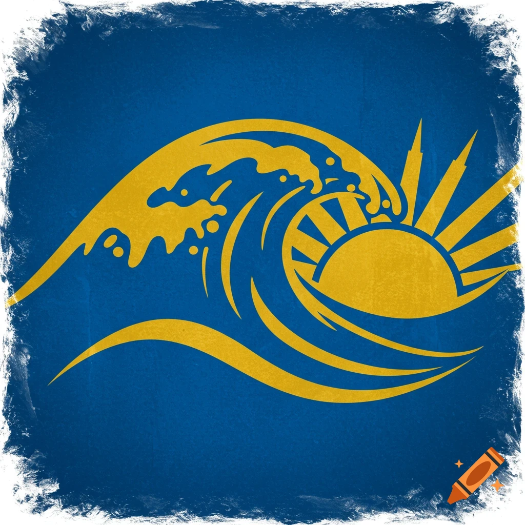 Blue and gold stylized logo with a wave and rising sun.