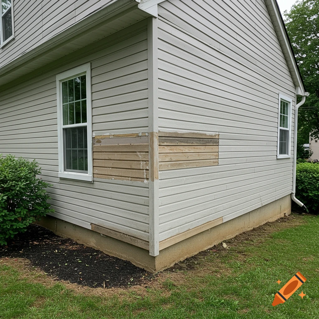 Exterior corner of a house showing a repair area of mismatched siding.