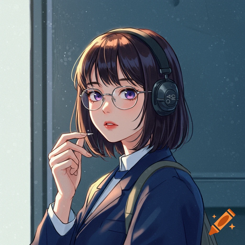 Anime portrait of a young woman with short brown hair, glasses, headphones, suit jacket, and backpack, holding a small object.