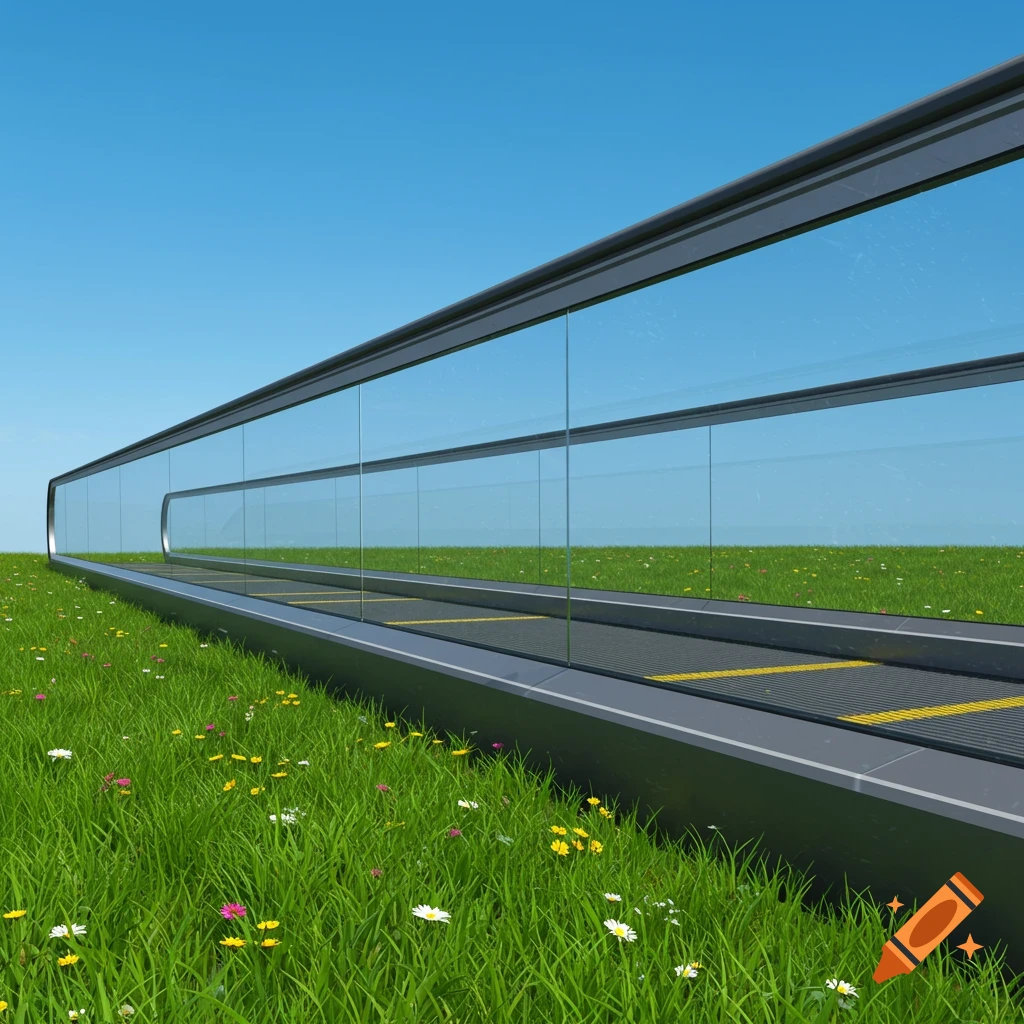 Photorealistic rendering of a long moving walkway stretching across a field of green grass and wildflowers under a clear blue sky.