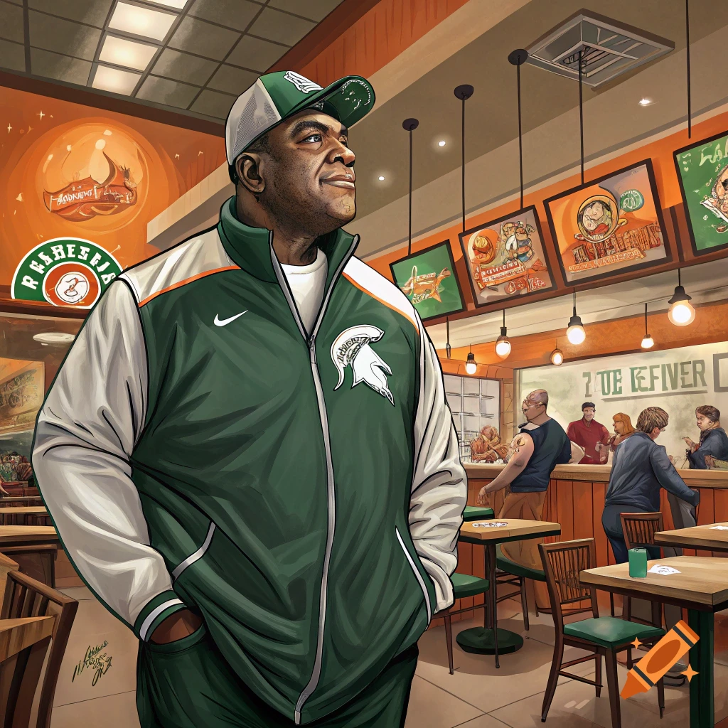 Illustration of a man in Michigan State gear standing in a restaurant.