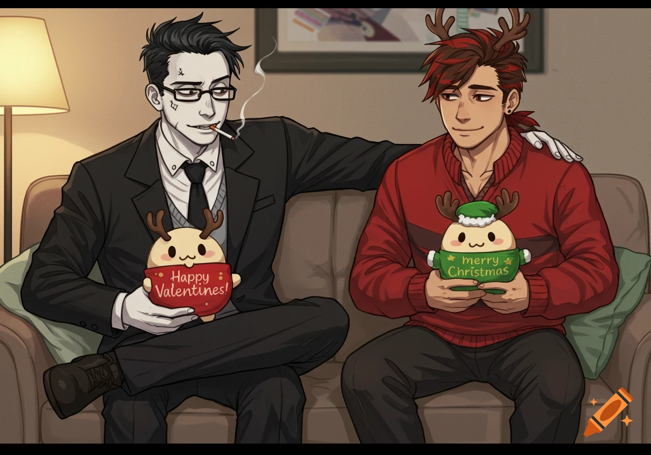 Illustration of two men on a couch, one in a suit holding a Valentines plushie and smoking, the other in a sweater holding a Christmas plushie.