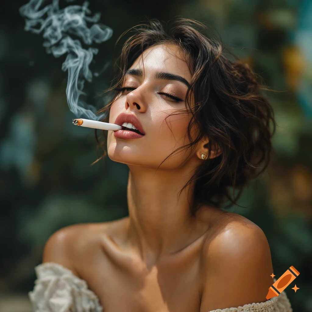 Photorealistic portrait of a young woman smoking a cigarette with her eyes closed, smoke rising