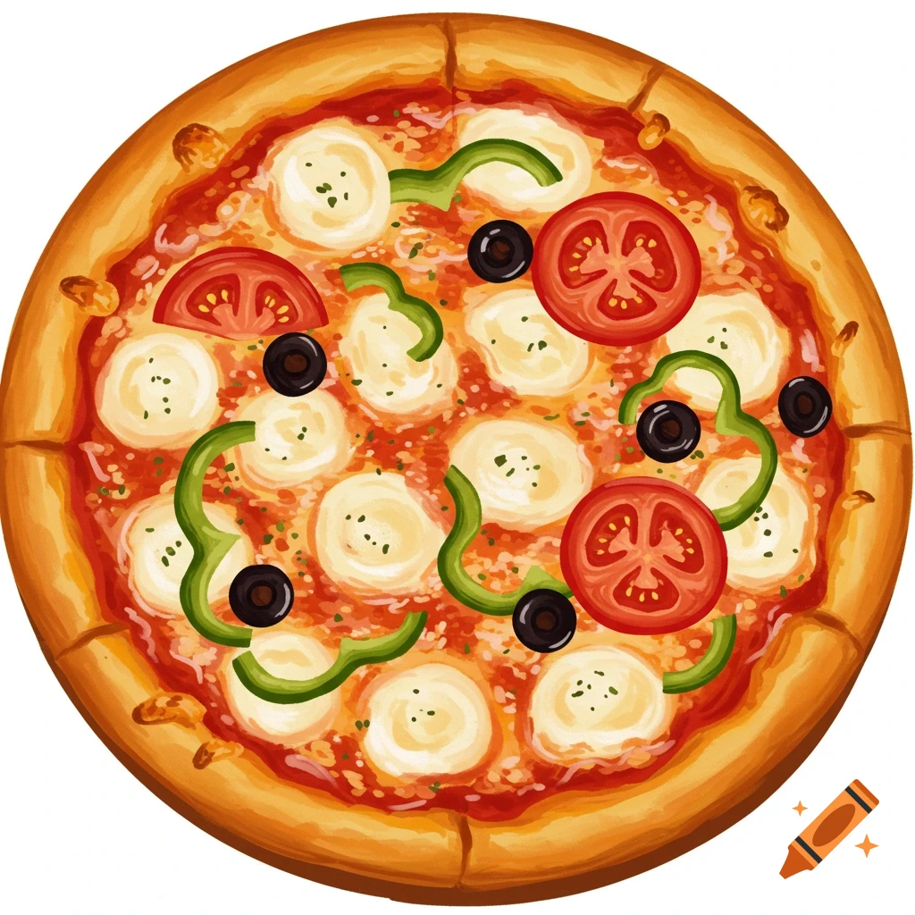 Top view illustration of a whole pizza with tomato, green pepper, olives, and cheese toppings.