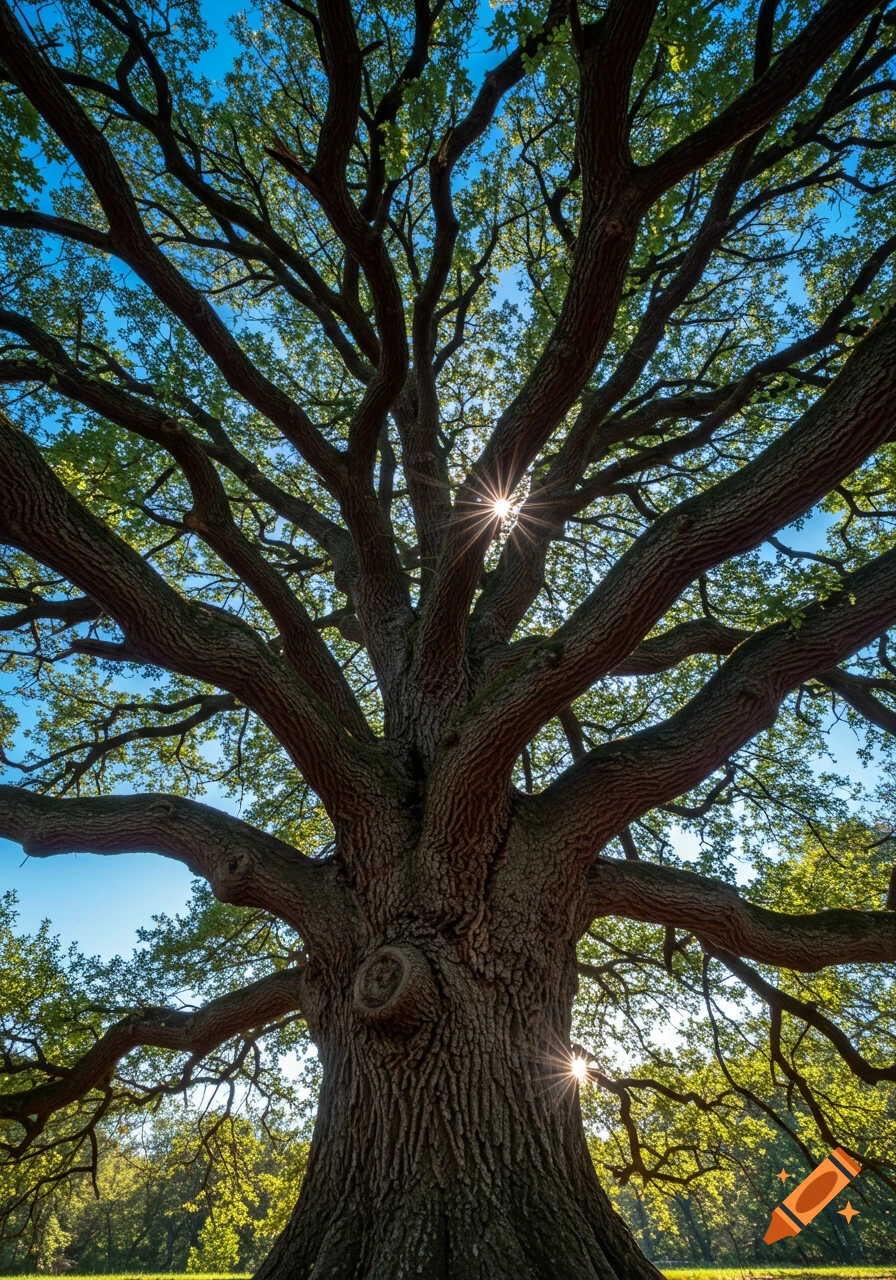 Looking up into the branches of a large oak tree with sunlight shining through the leaves.