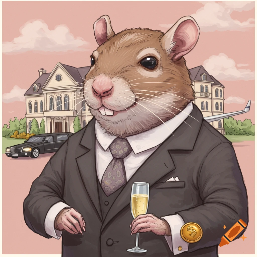 An anthropomorphic gerbil or hamster in a suit holds a champagne glass, with a mansion, jet, and limousine in the background.