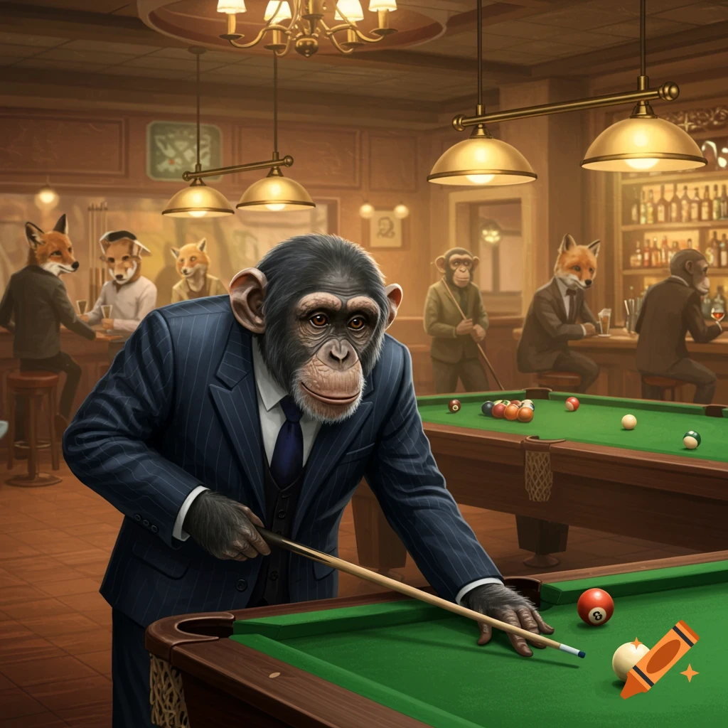 A chimpanzee in a suit plays pool in a dimly lit bar while other suit-wearing anthropomorphic animals sit at the counter.
