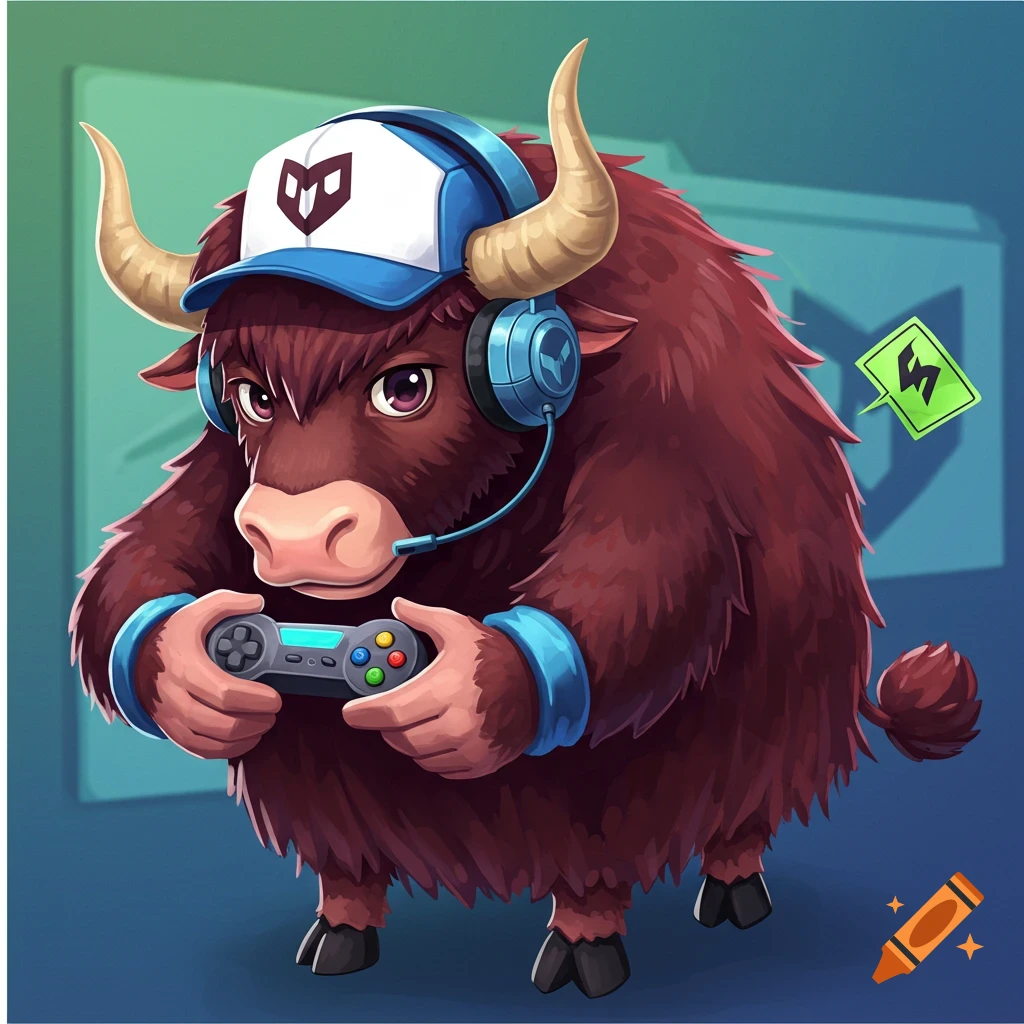 A cartoon yak wearing a gaming headset and baseball cap plays a video game controller, with a symbol in a thought bubble.