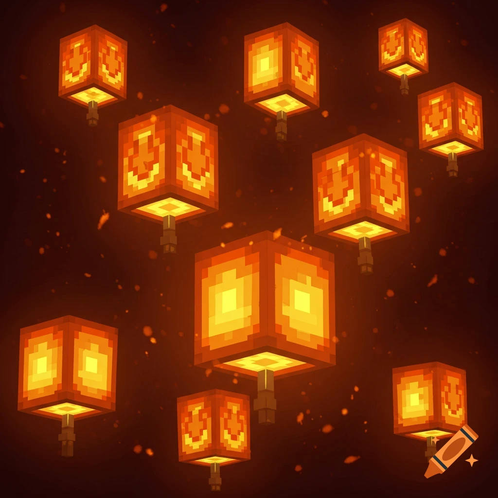 Minecraft style soul lanterns floating in the dark