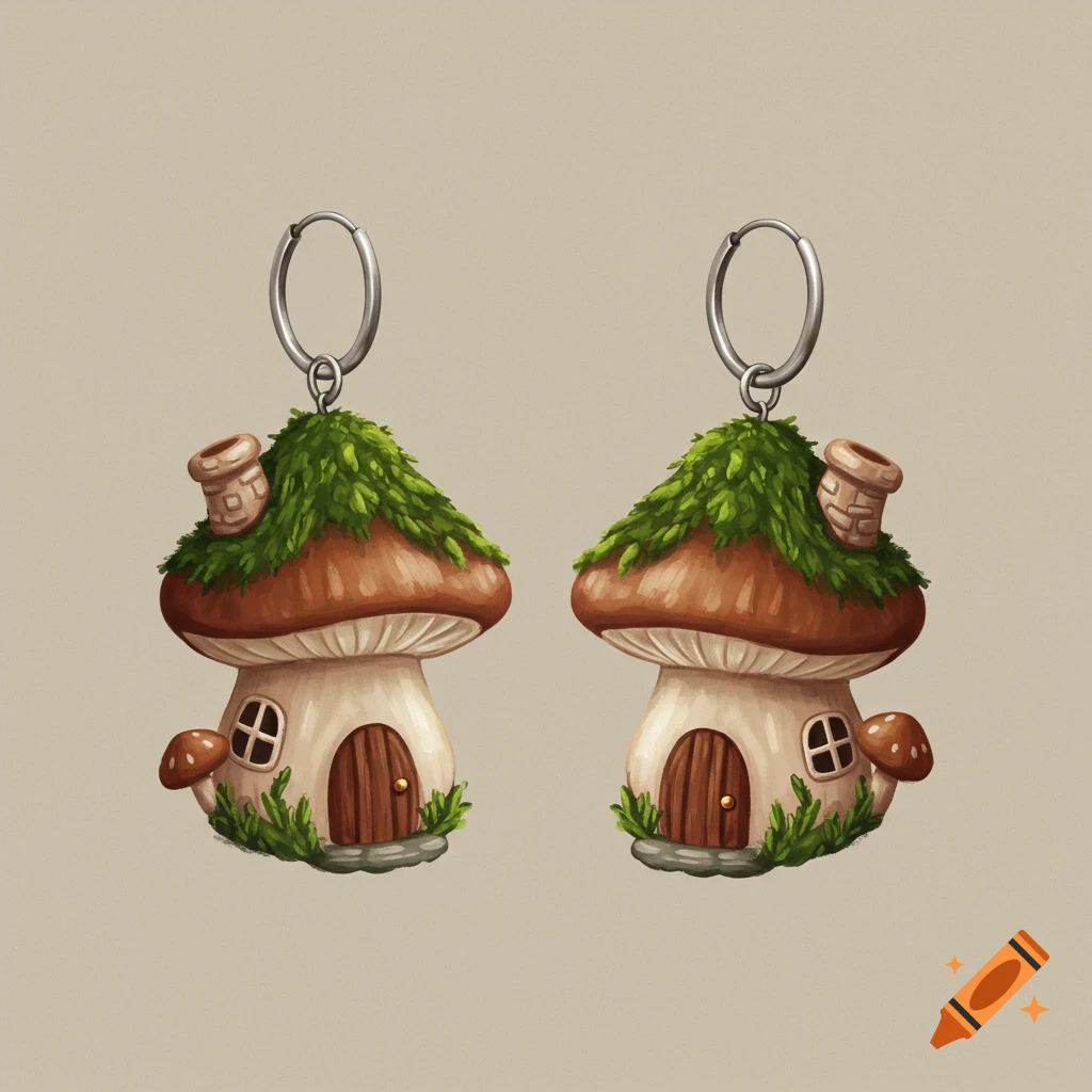Pair of detailed mushroom house earrings in a cartoon style.