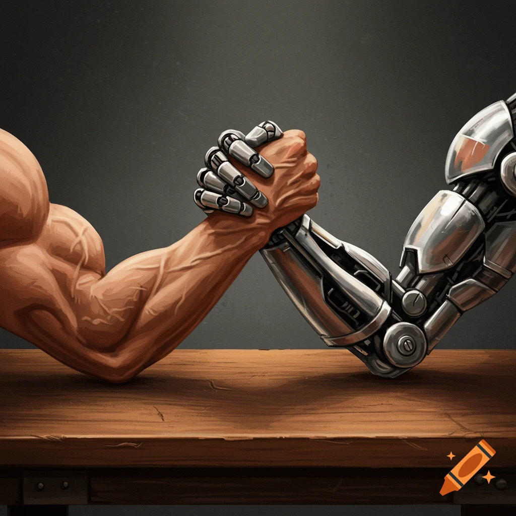 A muscular human arm armwrestles a metallic robot arm across a wooden table. Digital illustration style.