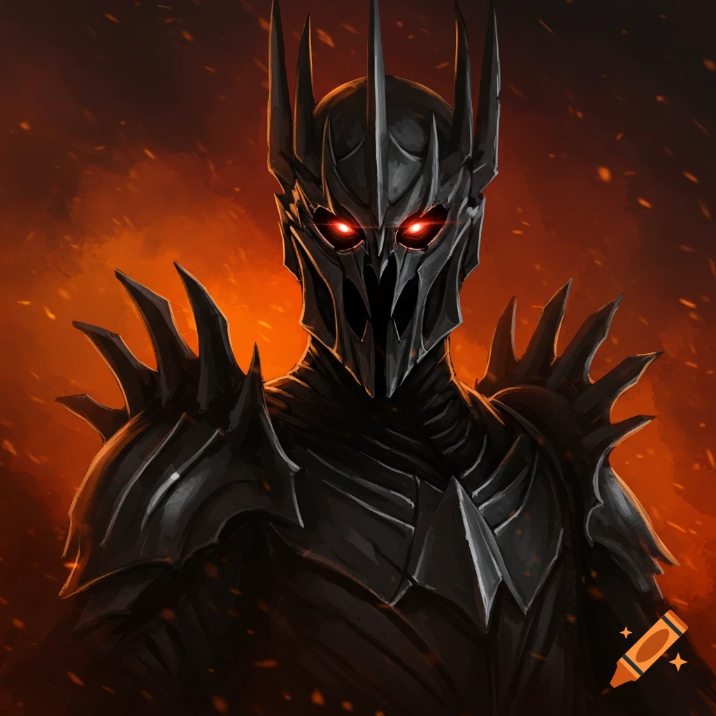 Close-up portrait of Sauron in black spiked armor with glowing red eyes against a fiery background, digital art.