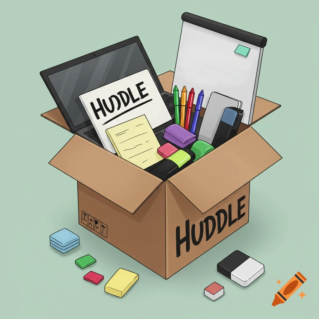 An illustration of a box filled with a laptop, notepad, pens, erasers, and other office supplies. The word "Huddle" is written on the box and notepad.