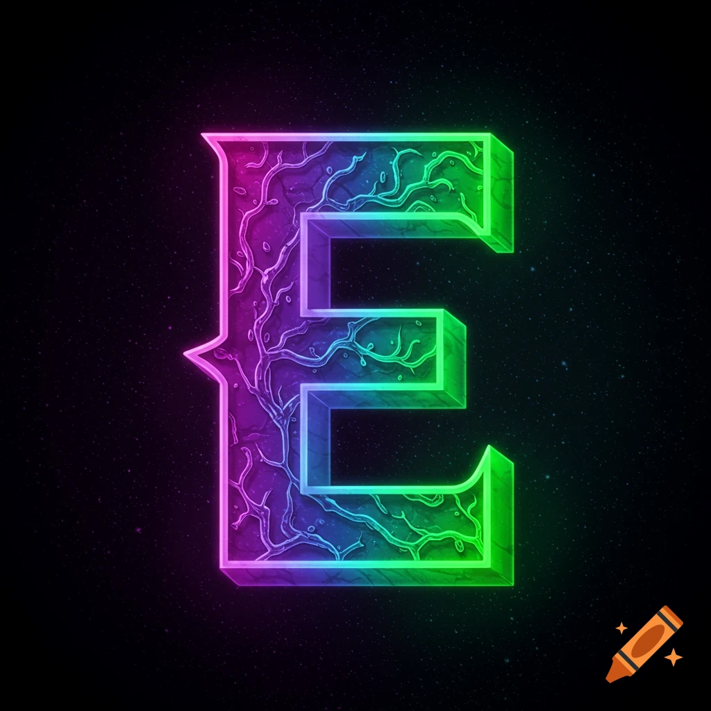 Stylized letter E with textured surface and purple to green neon outline on a starry background.