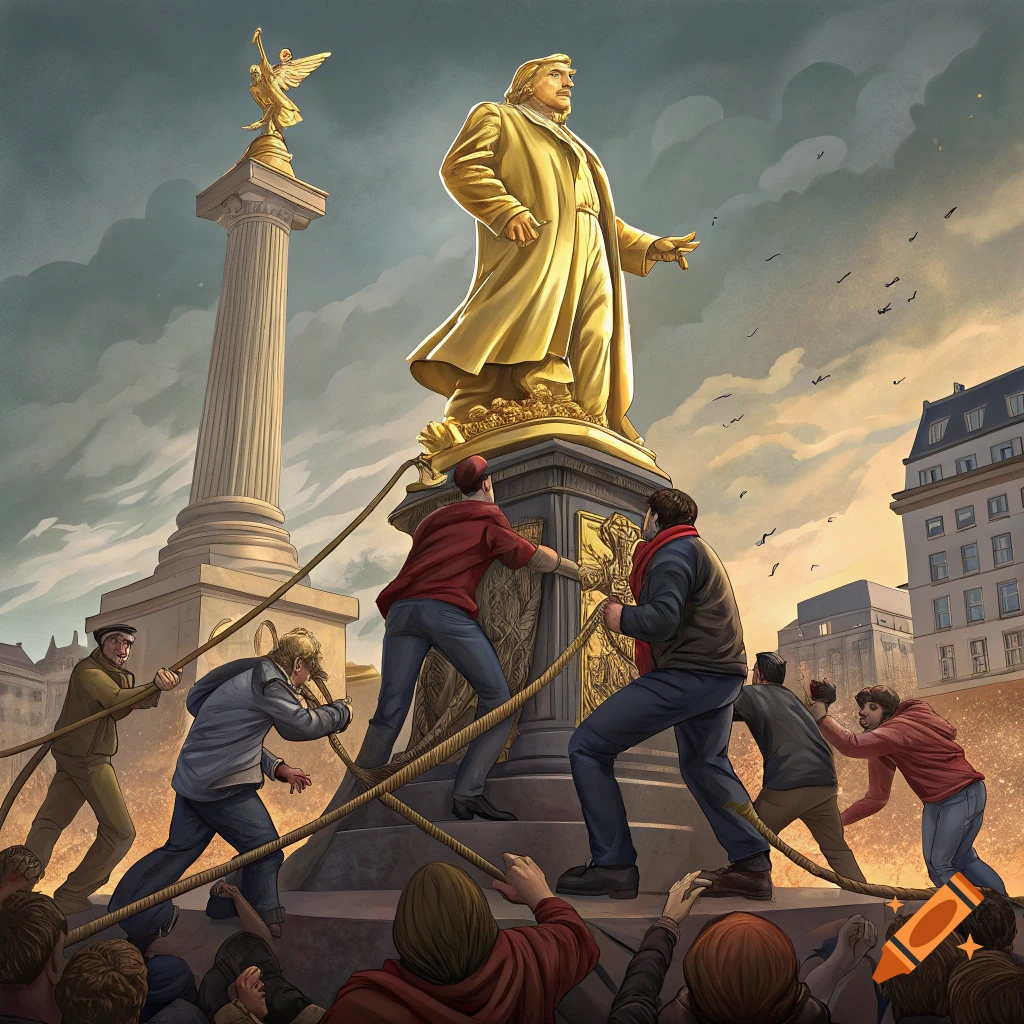 People pull ropes to topple a golden statue of Trump near a column in a city square, illustration.