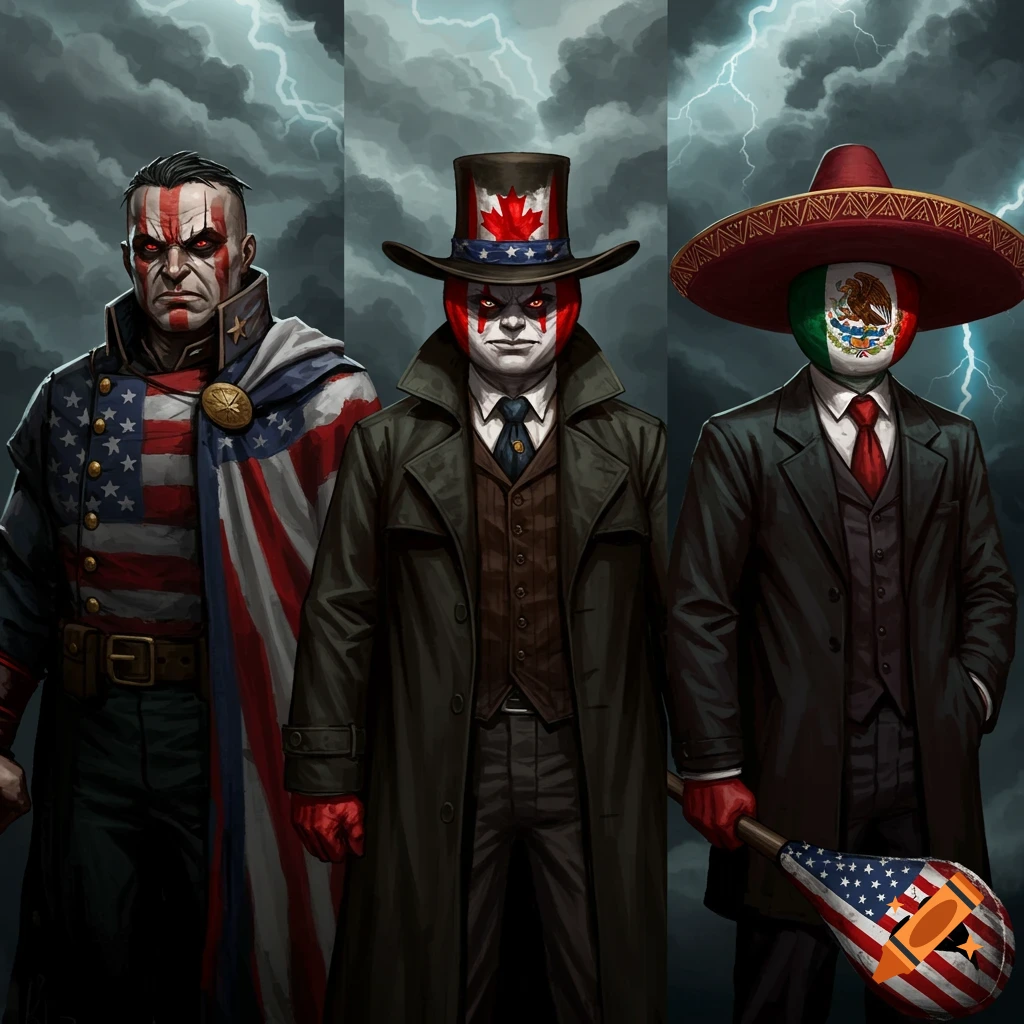 Illustration of three stylized figures representing the USA, Canada, and Mexico as villains in formal wear against a stormy sky.