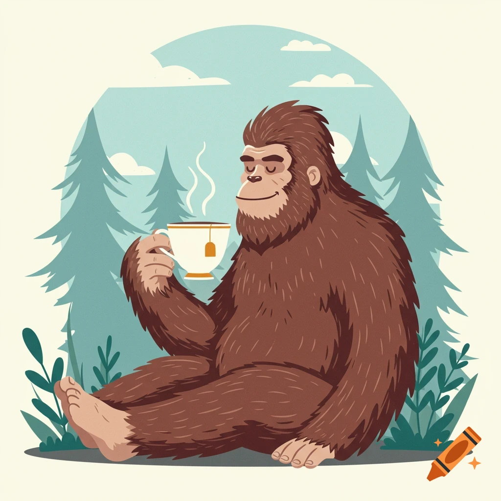 Cartoon illustration of a Bigfoot sitting in a forest, holding a steaming cup of tea.