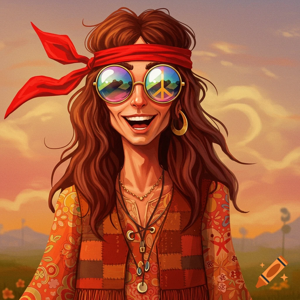 Illustration of a smiling woman with long hair, headband, sunglasses with peace sign reflection, and colourful hippie clothes.