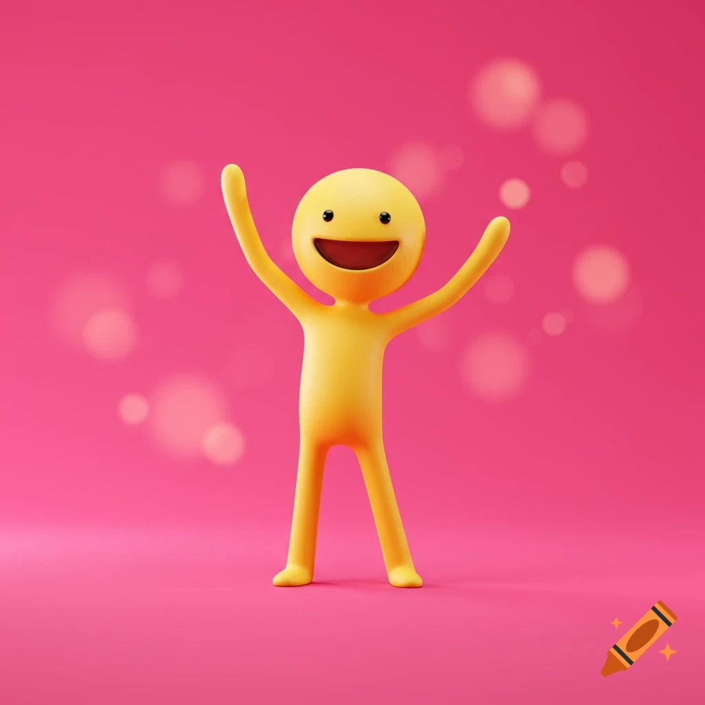 A yellow 3D character with a smiley face stands with arms raised on a pink background.