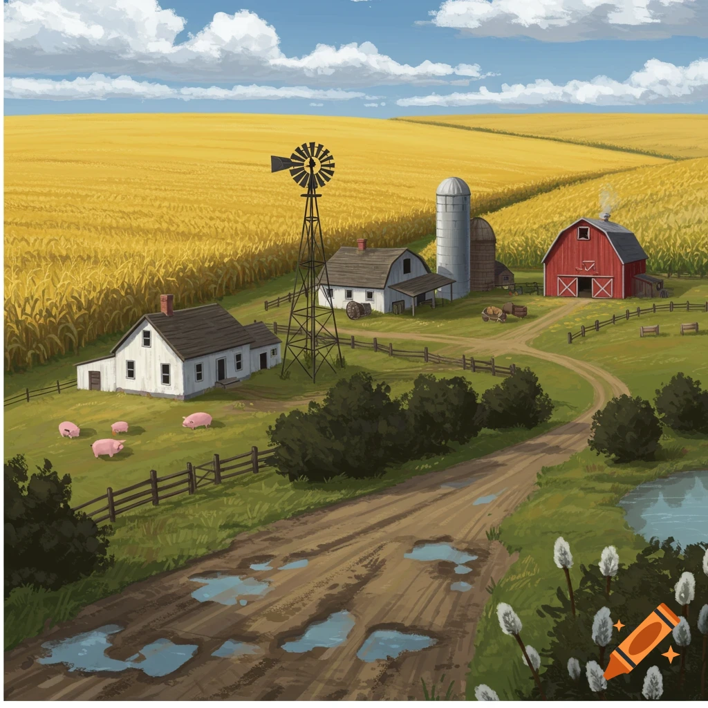 An illustration of a farm with a red barn, white house, windmill, silos, pink pigs, and a cornfield.