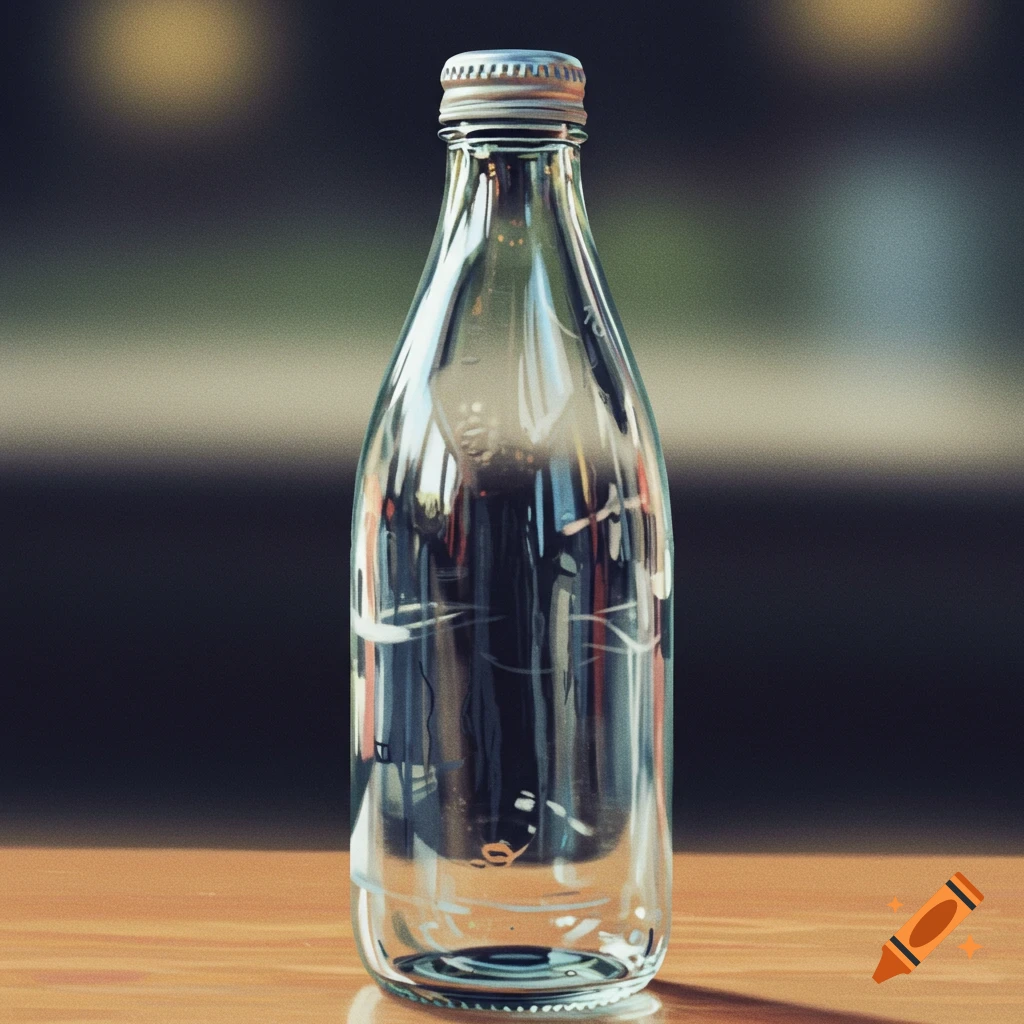 A clear glass bottle with a metal cap sits on a wooden surface.