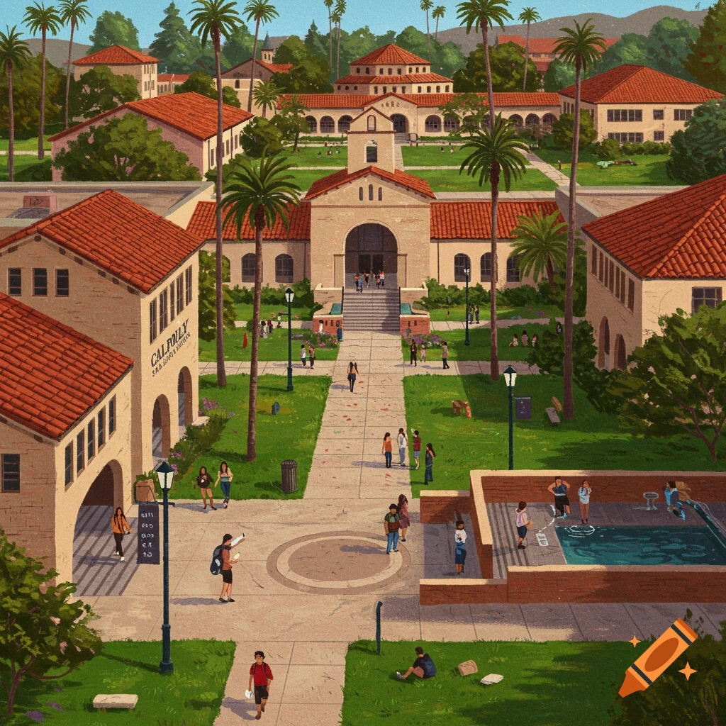 An illustration of a university campus quad with buildings, palm trees, students walking, and a swimming pool.