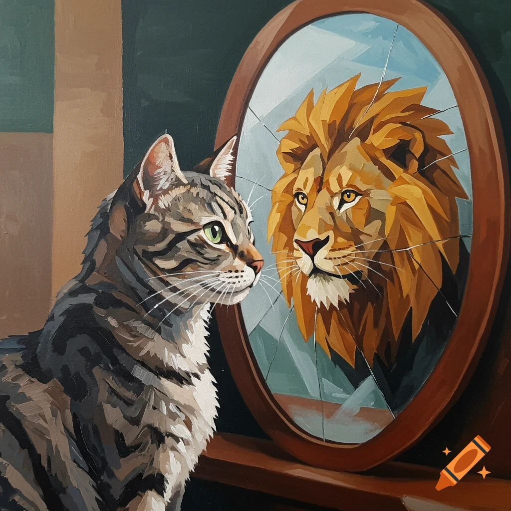 Cubist oil painting of a cat looking in a mirror at its reflection as a lion.