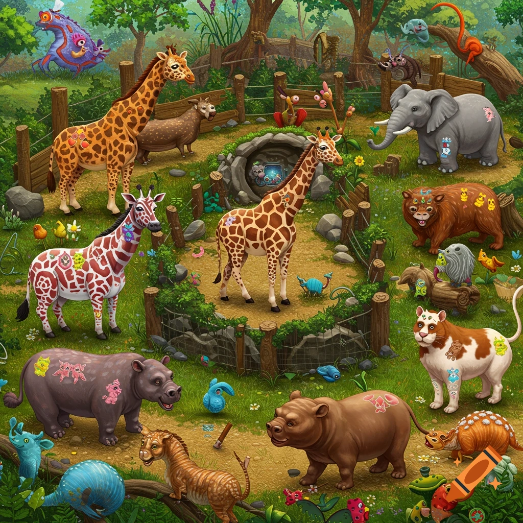Cartoon zoo scene with giraffes, elephant, hippo, and other animals covered in colorful puffy tattoos.