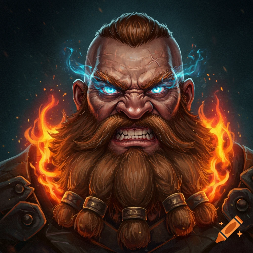 Angry fantasy dwarf portrait with fiery beard and blue eyes.