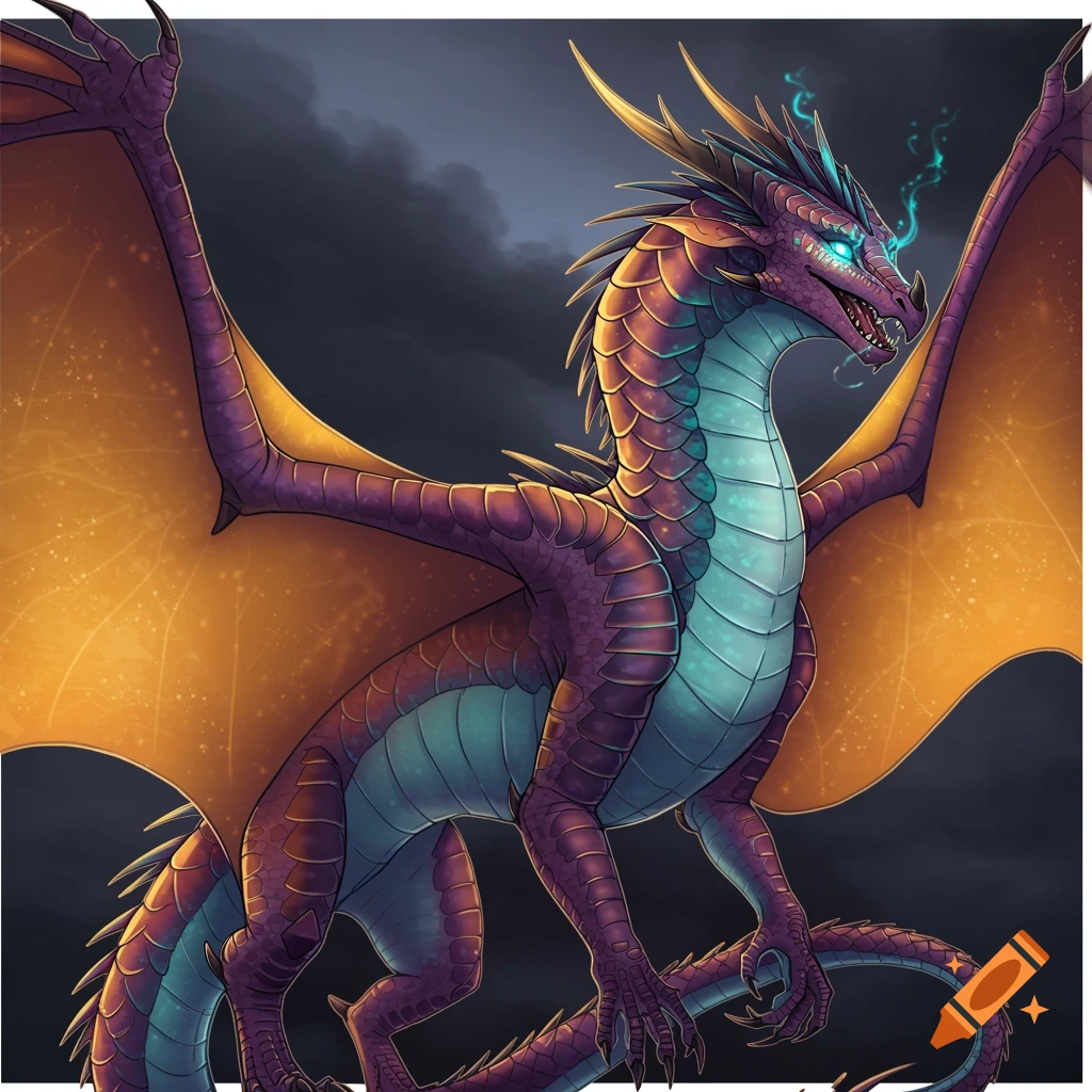 Illustration of a purple and orange fantasy dragon with glowing blue eyes and breath, set against a dark sky.