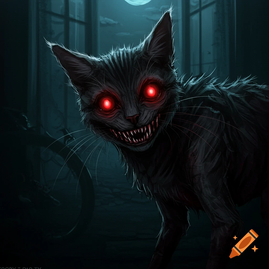 A creepy black cat with glowing red eyes and sharp teeth in a dark room.